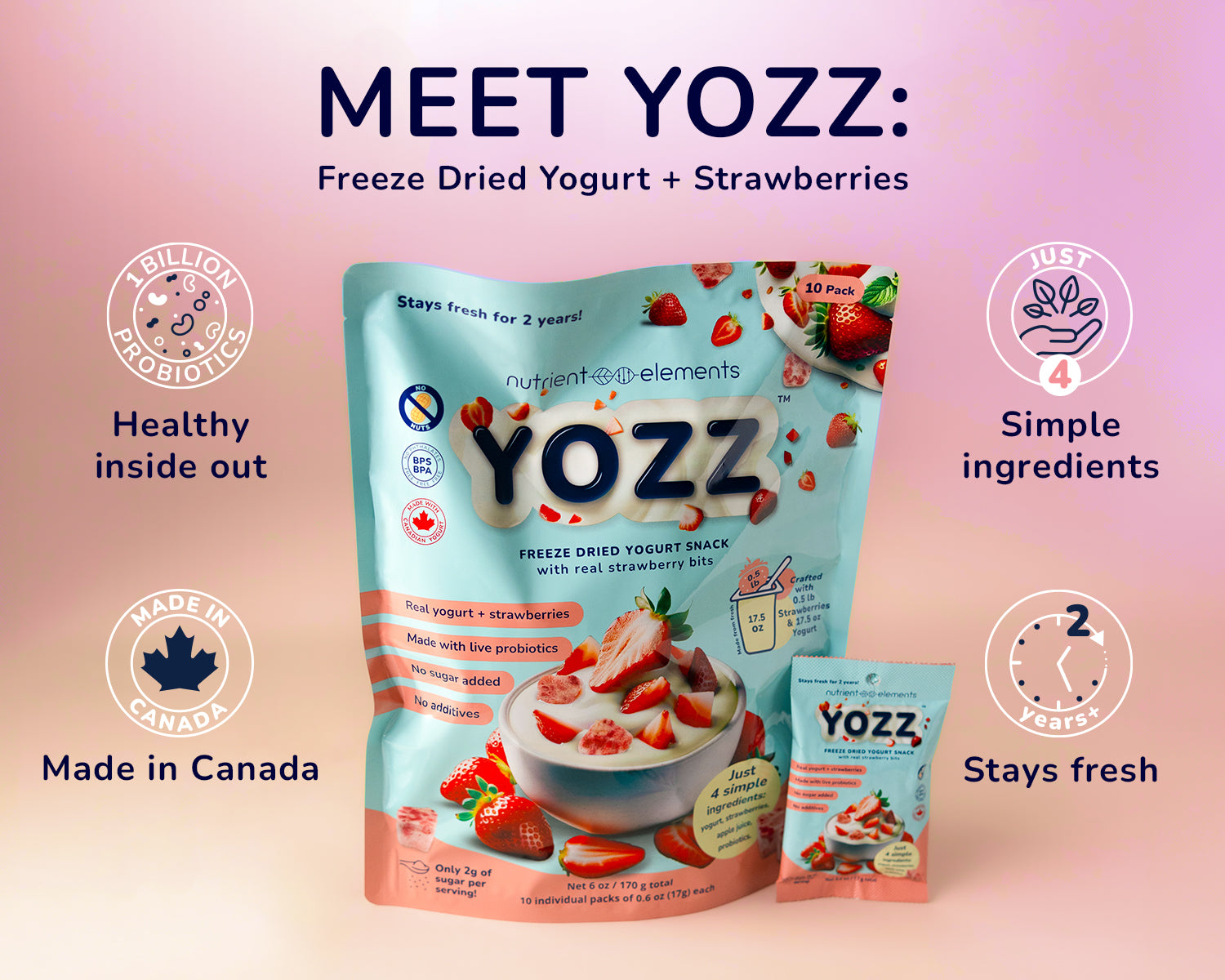 10 Pack - Yozz Freeze Dried Yogurt + Strawberry Probiotic Snack